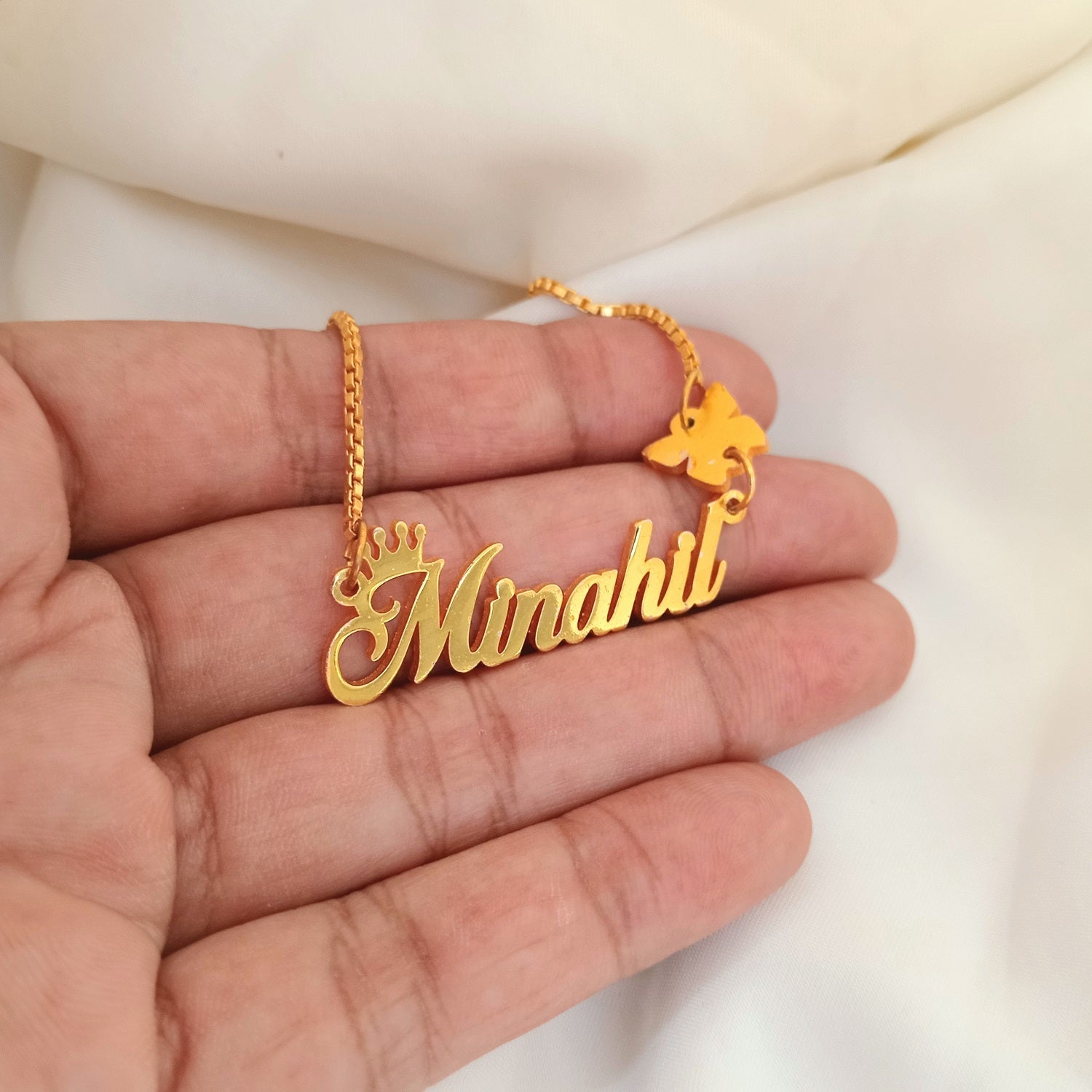 Crown Butterfly Charm Script Personalized Name Necklace